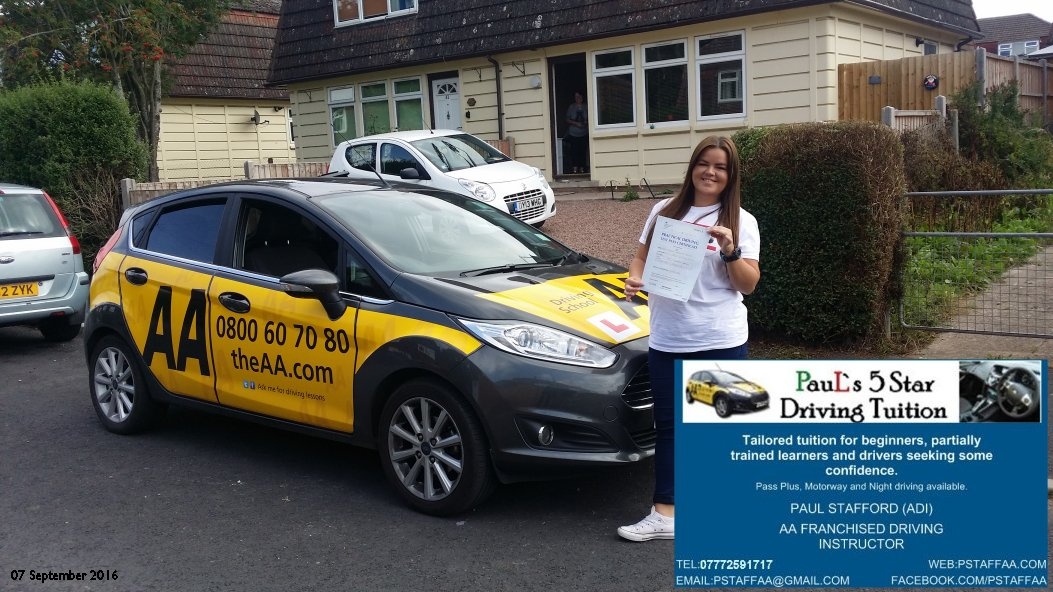 Test Pass Pupil Harley White at Hereford test centre on 7th september 2016 with Paul's 5 Star driving tuition